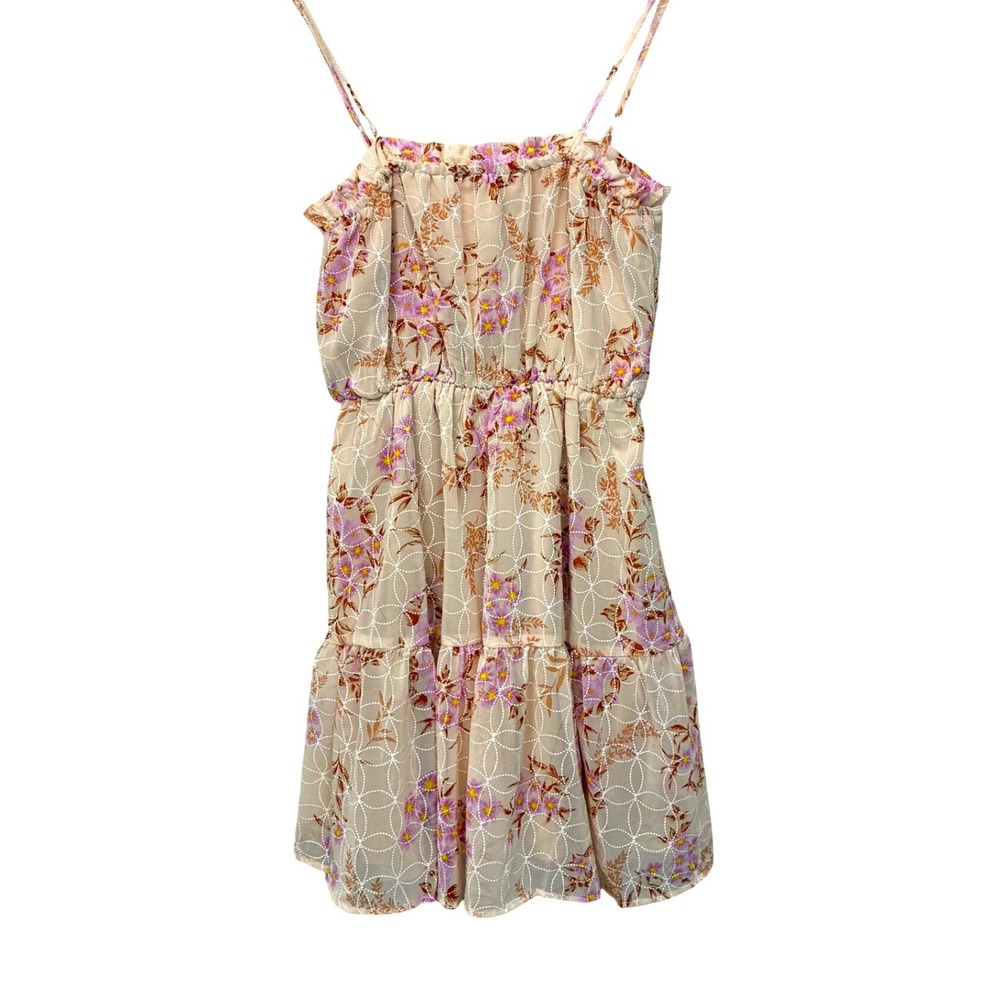 Liberty Love Floral Mini Dress Small Beige Purple Ruffle Tiered Spaghetti Strap